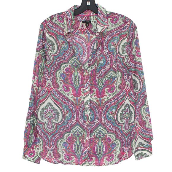 Talbots Top Sheer Lightweight Roll Tab Cottage Artsy Maximalist Button Up Medium - Picture 1 of 5